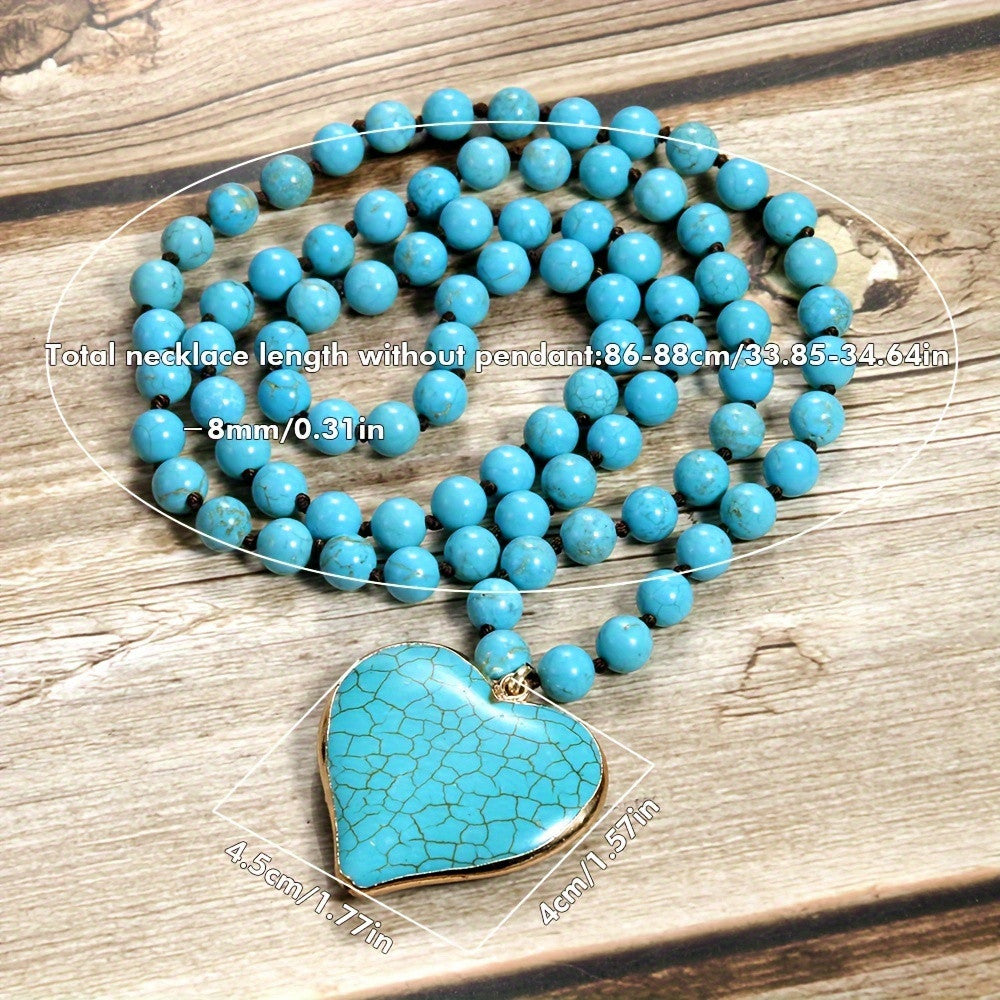 8mm Turquoise Natural Stone Bead Long Necklace with Heart Pendant