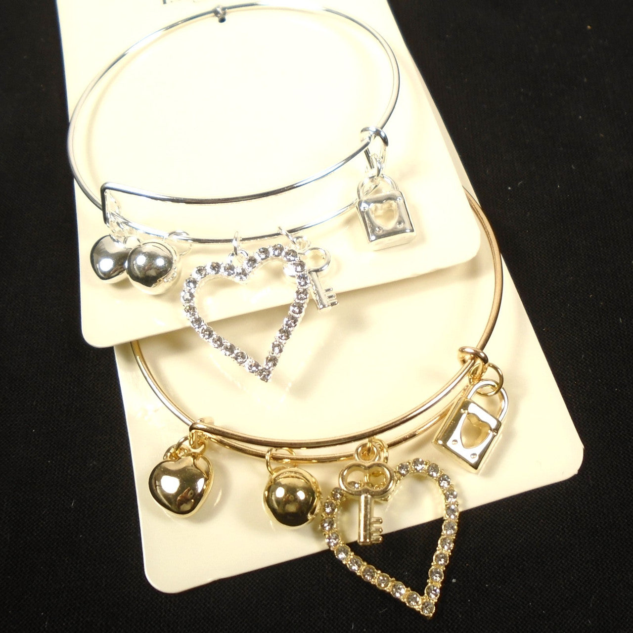 Six Pack Gold & Silver Wire Bangle Bracelets w/ Heart Theme Wholesale Lot Box