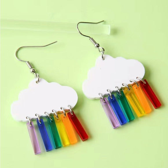 102 🌈 Cloud With Colorful Raindrop Rainbow Pride Boho Dangle Acrylic Earrings