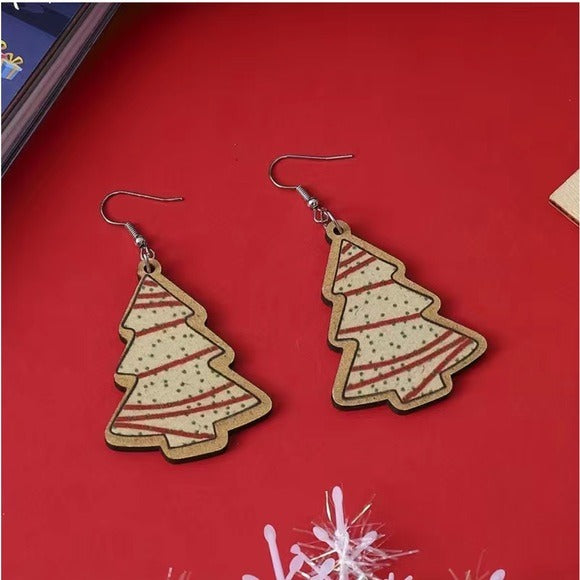 057 Christmas Tree Cookie Cake Design Retro Dangle Wood Earrings Jewelry