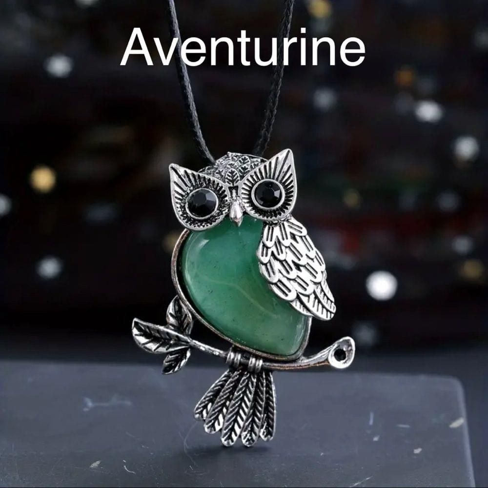 Gemstone Natural Crystal Owl Healing Stone Pendant Necklace