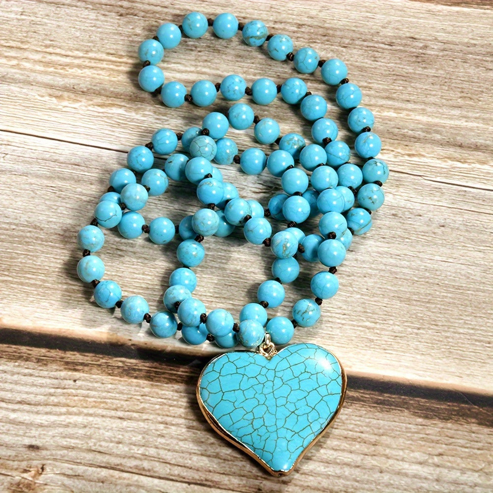 8mm Turquoise Natural Stone Bead Long Necklace with Heart Pendant