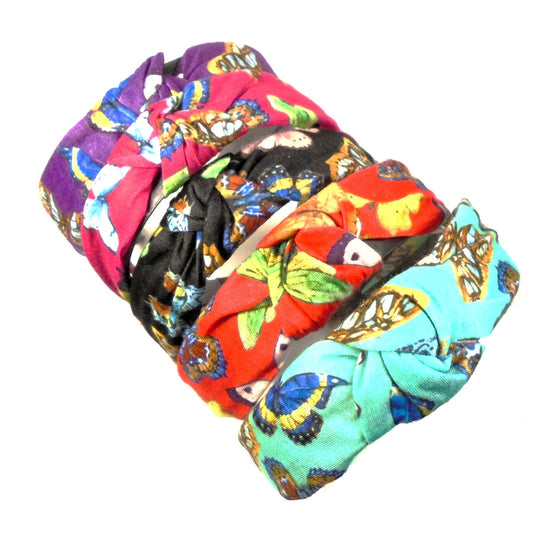 6 Pack 1.5" Wide Mx Color Butterfly Print Fashion Headband w/ Knot Wholesale Lot