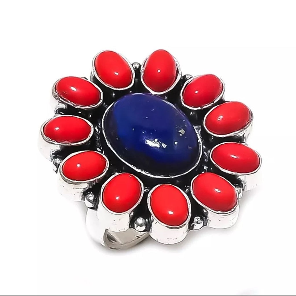Size 7 Lapis Lazuli , Coral 925 Sterling Silver Jewelry Ring