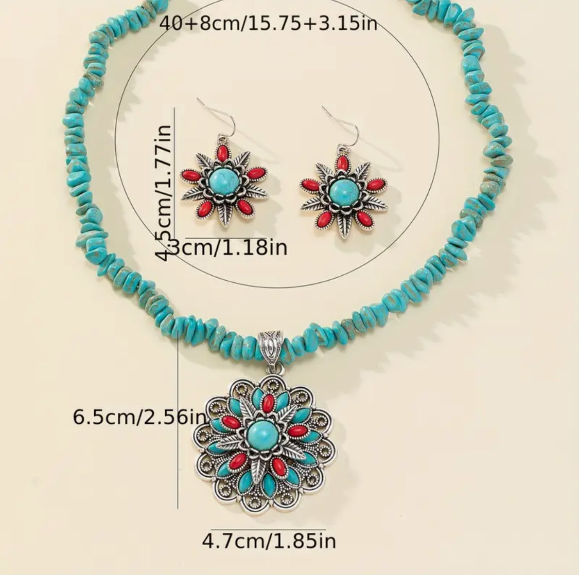 Bohemian Western Flower Stone Turquoise Necklace Earrings