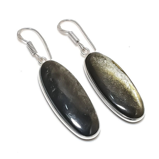 2.13" Silver Sheen Obsidian Gemstone 925 Sterling Silver Jewelry Earring