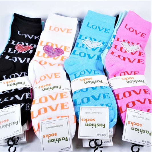 6 Pack Love Theme Crew Plus Socks Asst Color Size 9-11 Wholesale Lot