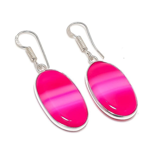 1.77" Pink Lace Agate Gemstone 925 Sterling Silver Jewelry Earring