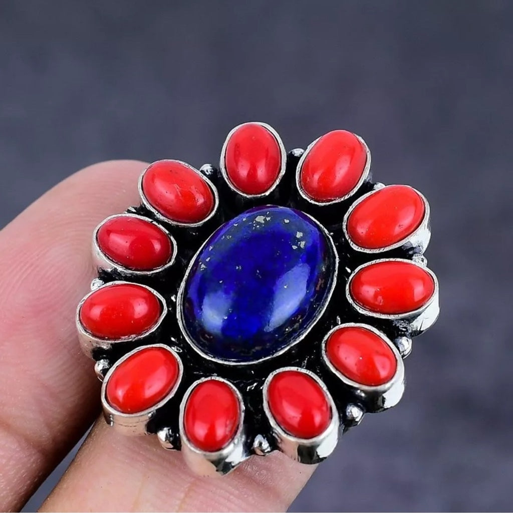Size 7 Lapis Lazuli , Coral 925 Sterling Silver Jewelry Ring