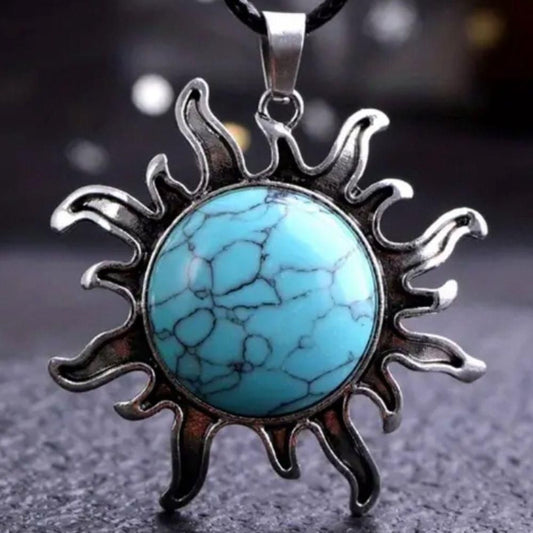 Turquoise Natural Stone Crystal Sun Pendant Necklace