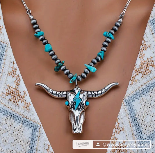 Western Country Blue Turquoise Stone Pendant Southwestern Bill Head Cow Necklace
