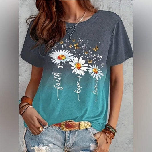 730 ❤️ 4X Plus Size Ombre Daisy & Butterfly Print Short Sleeve T-shirt Tee Shirt