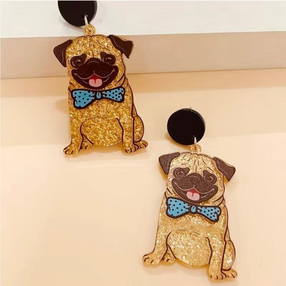 050 Cute Pug Dog Glitter Dangle Acrylic Earrings Jewelry