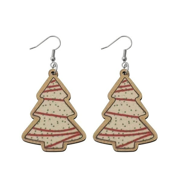 057 Christmas Tree Cookie Cake Design Retro Dangle Wood Earrings Jewelry