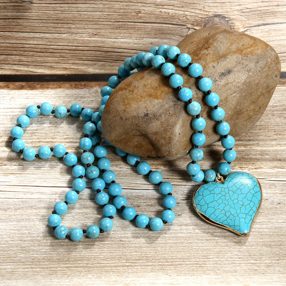 8mm Turquoise Natural Stone Bead Long Necklace with Heart Pendant