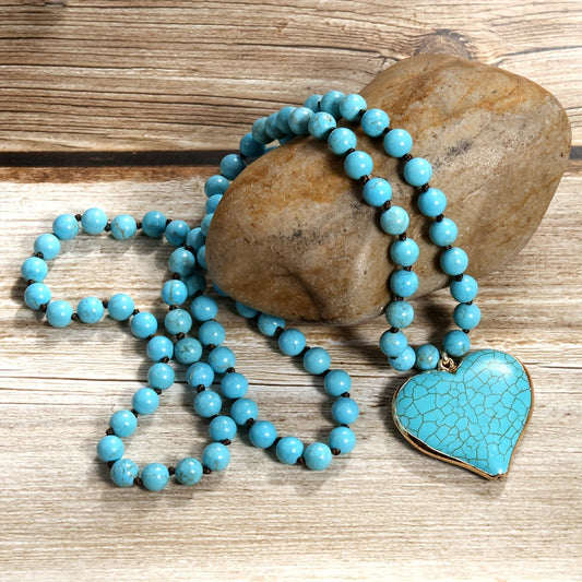 8mm Turquoise Natural Stone Bead Long Necklace with Heart Pendant