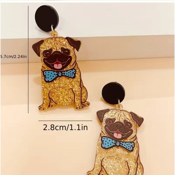 050 Cute Pug Dog Glitter Dangle Acrylic Earrings Jewelry