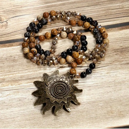 8mm Natural Stone Glass Knotting Tribal Antique Cyan Sun Moon Bohemian Necklace