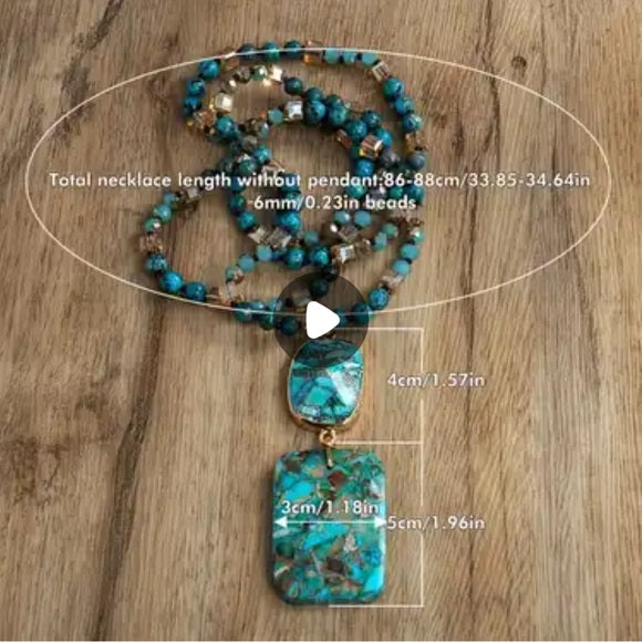 Multi-color Natural Stone Glass Knot Bohemian Square Long Necklace