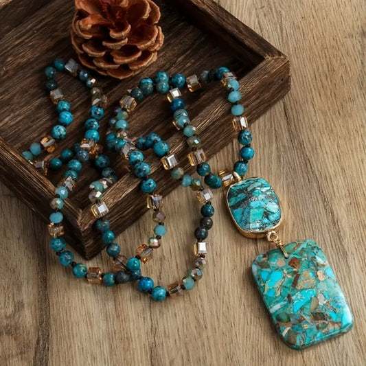 Multi-color Natural Stone Glass Knot Bohemian Square Long Necklace