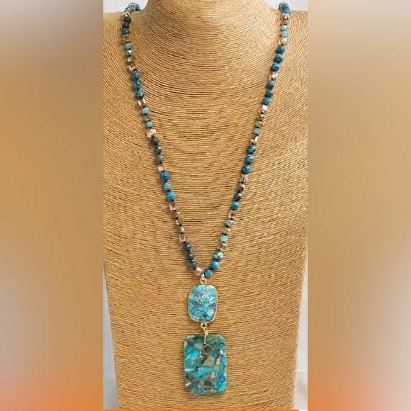 Multi-color Natural Stone Glass Knot Bohemian Square Long Necklace