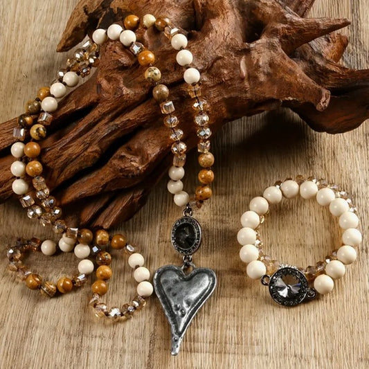 8mm Natural Stone Glass Knotted Heart Pendant Necklace & Stackable Bracelet
