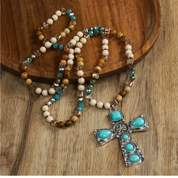 6mm Multicolor Natural Stone Glass Knotted Handcrafted Bohemian Cross Necklace