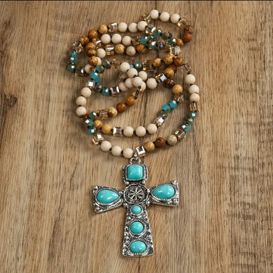 6mm Multicolor Natural Stone Glass Knotted Handcrafted Bohemian Cross Necklace