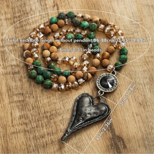 Natural Stone Green and Silver Multi-Strand Long Sweater Heart Pendant Necklace BOUTIQUE