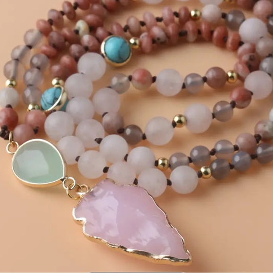 Rose Quartz Amazonite Beaded Arrowhead Long Sweater Necklace