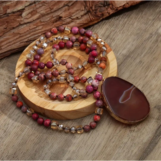 Trendy Bohemian Style 6mm Natural Stone Glass Knot Long Sweater Necklace NWT
