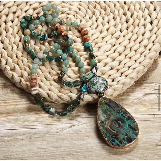Natural Stone Agate Bohemian Vintage Tribal Teardrop Long Sweater Necklace