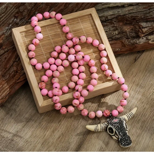 8mm Natural Stone Beads Vintage Bohemian Bull Head Pink Western Country Necklace NWT