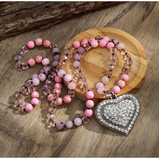 8 mm Natural Stone Boho-Chic Long Heart Sweater Necklace