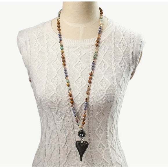 Natural Stone Beaded Long Sweater Necklace with Heart Pendant