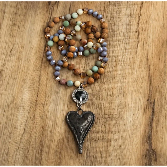 Natural Stone Beaded Long Sweater Necklace with Heart Pendant