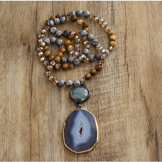 8mm Beaded Natural Stone Sparkling Gray Agate Long Sweater Necklace NWT