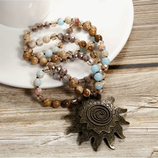 8mm Natural Stone & Glass Knotting Long Sweater Necklace