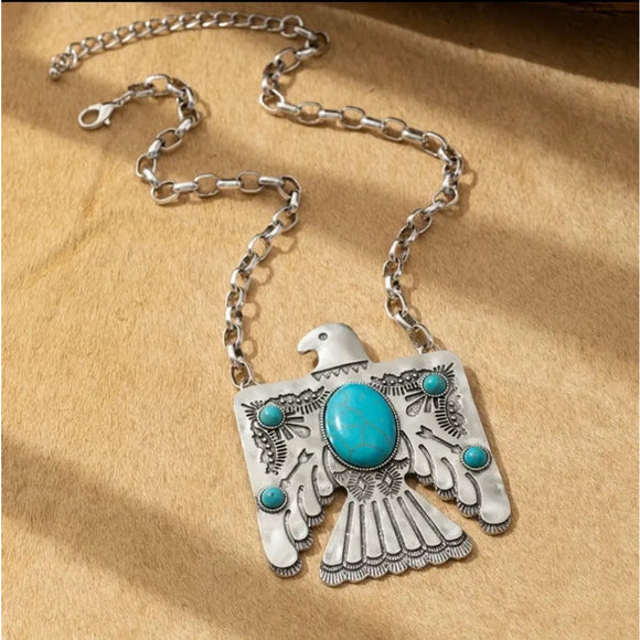 Western Countey Cowgirl Southwestern Eagle-carved Turquoise Silver Necklace