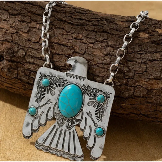 Western Countey Cowgirl Southwestern Eagle-carved Turquoise Silver Necklace