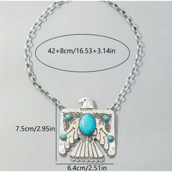 Western Countey Cowgirl Southwestern Eagle-carved Turquoise Silver Necklace