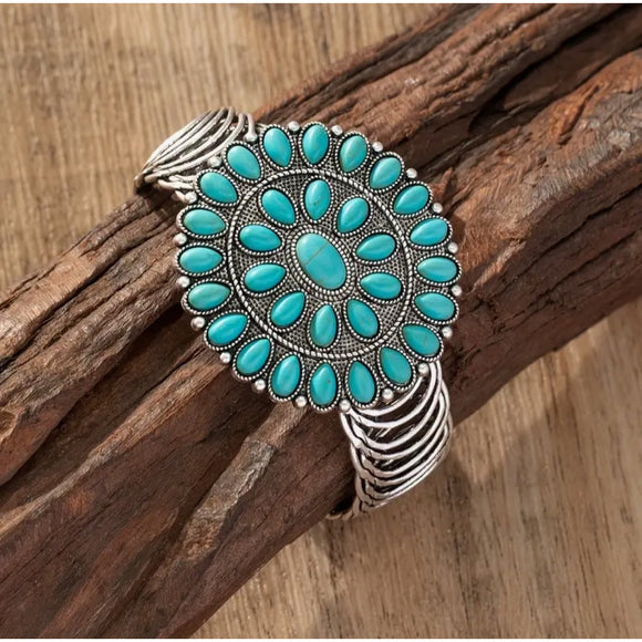 Western Country Cowgirl Southwestern Turquoise Silver Adjustable Bracelet