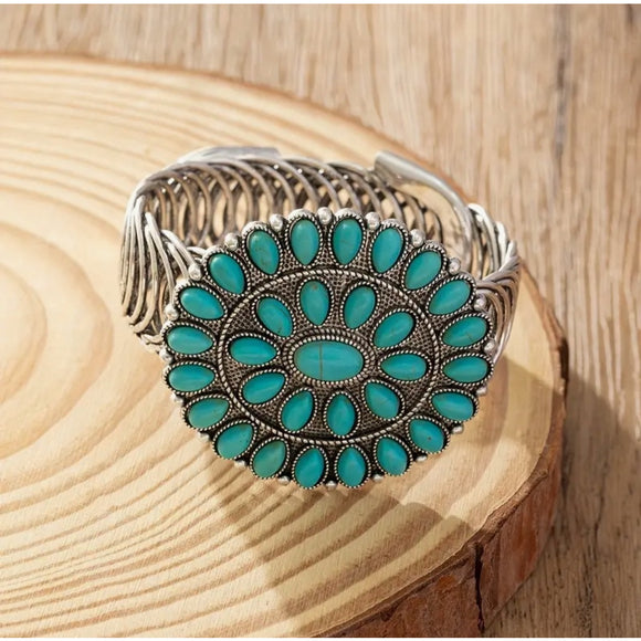 Western Country Cowgirl Southwestern Turquoise Silver Adjustable Bracelet