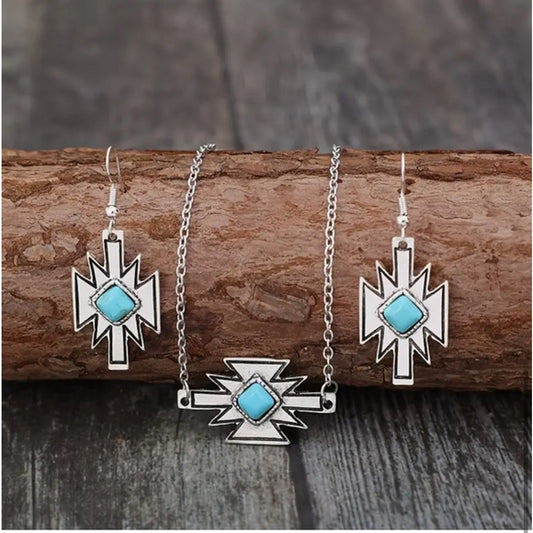 Western Country Cowgirl Southwestern Turquoise Silver Necklace Earring Set NWT