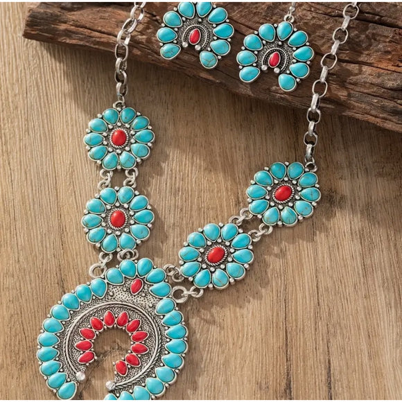 Western Country Cowgirl Southwestern Horseshoe Turquoise Necklace & Earring Set