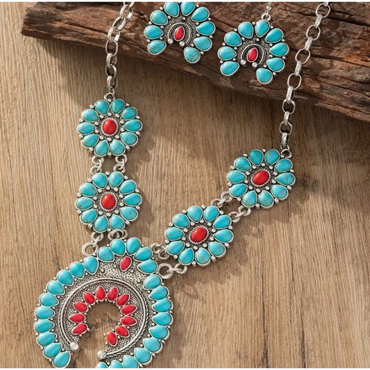 Western Country Cowgirl Southwestern Horseshoe Turquoise Necklace & Earring Set