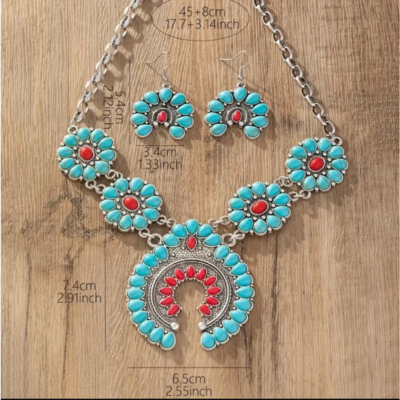 Western Country Cowgirl Southwestern Horseshoe Turquoise Necklace & Earring Set