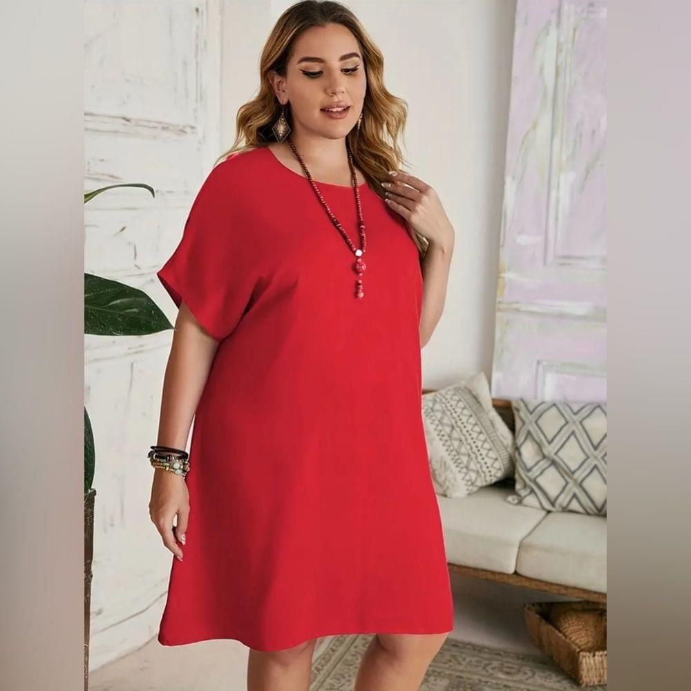 741 ❤️ 5X Plus Size Red Solid Casual Summer Dress