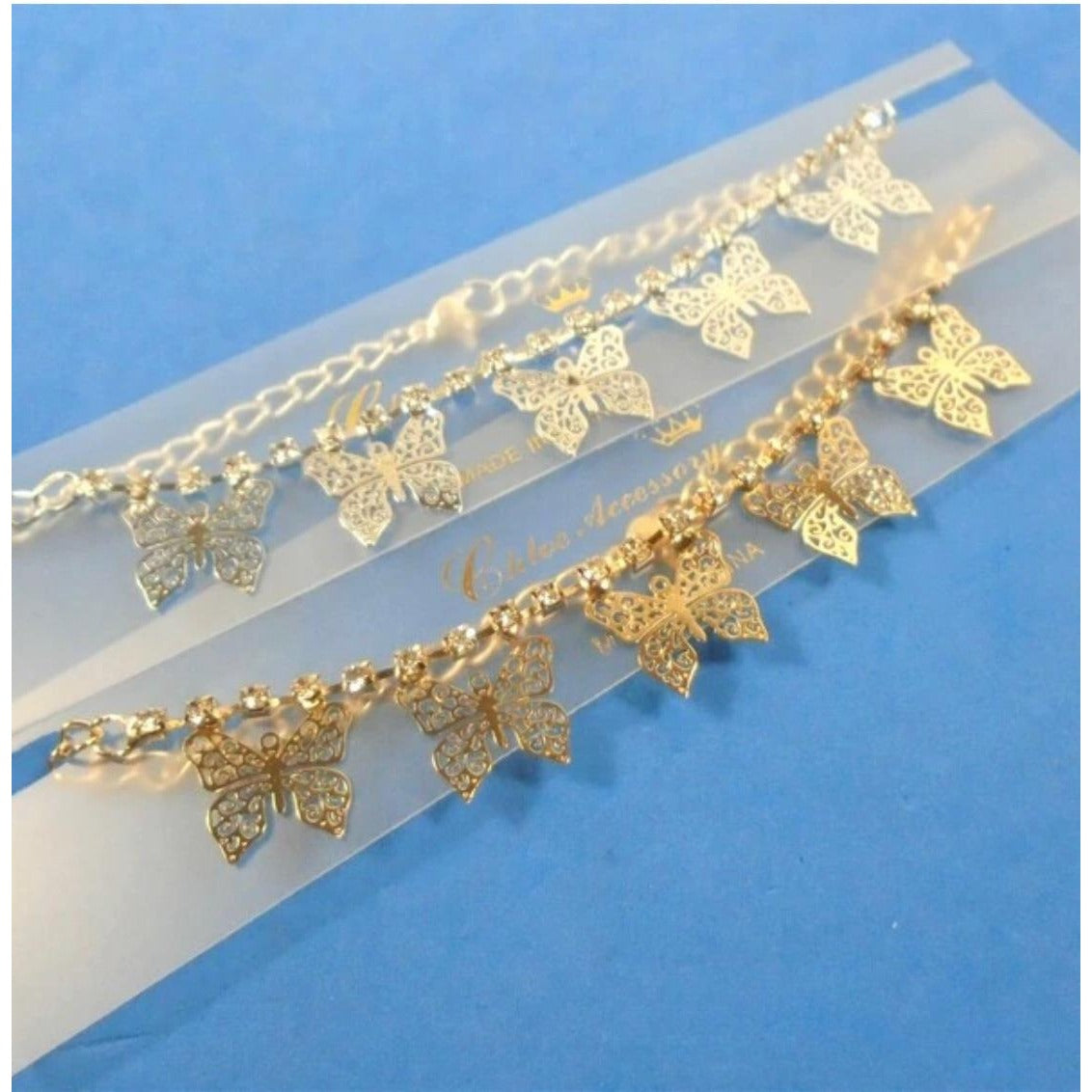 Gold or Silver Chain & Rhinestone Anklets w/ Dangle Butterflies  2089