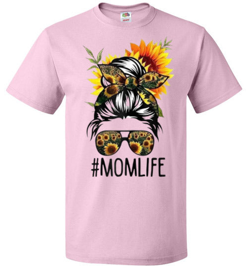 Mom Life Sunflower Fall Messy Hair Bun Graphic Tee Shirt Top